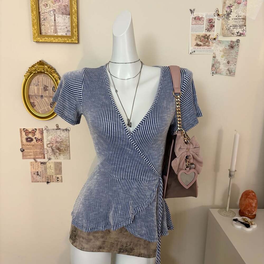 Caution To The Wind Striped Peplum Wrap Top Blue White